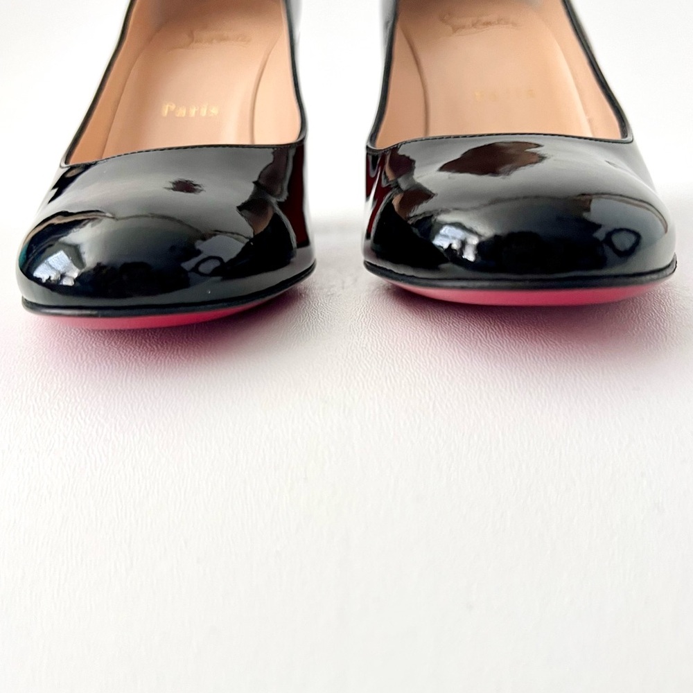 CHRISTIAN LOUBOUTIN | Miss Sab Black Patent Leather Block Heel Pumps 37.5 US 7.5 - Picture 7 of 16